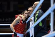23 November 2014; Katie Taylor, Ireland, celebrates with coaches Zaur Antia and Pete Taylor, right, after beating Junhua Yin, China, during their semi-final bout. 2014 AIBA Elite Women's World Boxing Championships, Jeju, Korea. Photo by Sportsfile