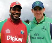 14 July 2007; Ireland captain Trent Johnston alongside West Indies captain Chris Gayle before the start of the game. Irish Cricket Union, Quadrangular Series, Ireland v West Indies, Castle Avenue, Clontarf, Dublin. Picture credit: Barry Chambers / SPORTSFILE