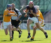 14 July 2007; John Lee, Galway, in action against Karl McKeegan and Neill McManus, Antrim. Guinness All-Ireland Hurling Championship Qualifier, Group 1A, Round 3, Galway v Antrim, Pearse Stadium, Salthill, Galway. Picture credit: Kieran Clancy / SPORTSFILE