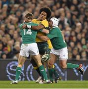 22 November 2014; Henry Speight, Australia, loses possession as he is tackled by Tommy Bowe, left, and Rory Best, Ireland. Guinness Series, Ireland v Australia. Aviva Stadium, Lansdowne Road, Dublin. Picture credit: Brendan Moran / SPORTSFILE
