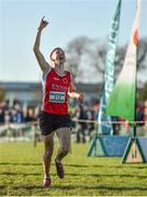 23 November 2014; Kevin Mulcaire, Ennis AC, celebrates winning the Under 18 Boys race during the GloHealth Inter County & Juvenile Even Age Cross Country Championships. Dundalk Institute of Technology, Dundalk, Co. Louth. Picture credit: Ramsey Cardy / SPORTSFILE