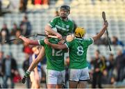23 November 2014; Kilmallock players, Graeme Mulcahy, top, Robbie Egan, left, and Jake Mulcahy, right, celebrate at the final whistle after victory over Cratloe. AIB Munster GAA Hurling Senior Club Championship Final, Kilmallock v Cratloe. Gaelic Grounds, Limerick. Picture credit: Diarmuid Greene / SPORTSFILE