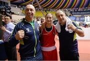 24 November 2014; Katie Taylor, Ireland, celebrates after beating Yana Allekseevna, Azerbaijan, in their 60kg Light Weight Final with coaches Pete Taylor, left, and Zaur Antia. 2014 AIBA Elite Women's World Boxing Championships, Jeju, Korea. Photo by Sportsfile