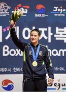 24 November 2014; Katie Taylor, Ireland, celebrates with her gold medal after beating Yana Allekseevna, Azerbaijan, in their 60kg Light Weight Final. 2014 AIBA Elite Women's World Boxing Championships, Jeju, Korea. Photo by Sportsfile