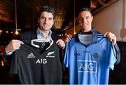 24 November 2014; All Black great Dan Carter along with newly crowned IRB world player of the year Brodie Retallick, Israel Dagg and Sam Cane were at Bear Restaurant on Dublin’s South William Street tonight (Monday, Nov 24th) where they had dinner with AIG Ambassadors Bernard Brogan and Sinead Goldrick and Dublin senior football manager Jim Gavin. The All Blacks players were winding down in Ireland following their end of season tour to the Northern Hemisphere at an event organised by Adidas and AIG. Pictured are, from left, Dublin footballer Bernard Brogan, left, and All Blacks' Dan Carter. Bear, South William Street, Dublin. Picture credit: Brendan Moran / SPORTSFILE