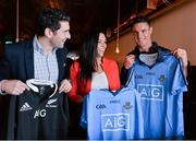 24 November 2014; All Black great Dan Carter along with newly crowned IRB world player of the year Brodie Retallick, Israel Dagg and Sam Cane were at Bear Restaurant on Dublin’s South William Street tonight (Monday, Nov 24th) where they had dinner with AIG Ambassadors Bernard Brogan and Sinead Goldrick and Dublin senior football manager Jim Gavin. The All Blacks players were winding down in Ireland following their end of season tour to the Northern Hemisphere at an event organised by Adidas and AIG. Pictured are, from left, Dublin footballers Bernard Brogan, Sinead Goldrick and All Blacks' Dan Carter. Bear, South William Street, Dublin. Picture credit: Brendan Moran / SPORTSFILE