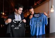 24 November 2014; All Black great Dan Carter along with newly crowned IRB world player of the year Brodie Retallick, Israel Dagg and Sam Cane were at Bear Restaurant on Dublin’s South William Street tonight (Monday, Nov 24th) where they had dinner with AIG Ambassadors Bernard Brogan and Sinead Goldrick and Dublin senior football manager Jim Gavin. The All Blacks players were winding down in Ireland following their end of season tour to the Northern Hemisphere at an event organised by Adidas and AIG. Pictured are, from left, Dublin footballer Bernard Brogan, left, and All Blacks' Dan Carter. Bear, South William Street, Dublin. Picture credit: Brendan Moran / SPORTSFILE