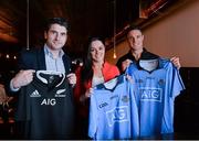 24 November 2014; All Black great Dan Carter along with newly crowned IRB world player of the year Brodie Retallick, Israel Dagg and Sam Cane were at Bear Restaurant on Dublin’s South William Street tonight (Monday, Nov 24th) where they had dinner with AIG Ambassadors Bernard Brogan and Sinead Goldrick and Dublin senior football manager Jim Gavin. The All Blacks players were winding down in Ireland following their end of season tour to the Northern Hemisphere at an event organised by Adidas and AIG. Pictured are, from left, Dublin footballers Bernard Brogan, Sinead Goldrick and All Blacks Dan Carter. Bear, South William Street, Dublin. Picture credit: Brendan Moran / SPORTSFILE