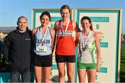 23 November 2014; On the podium after the Women's Under 23 race are, from left, Jim Dowdall, CEO of GloHealth, second placed Maria O'Sullivan, Raheny Shamrock A.C., first placed Mary Mulhare, Portlaoise A.C., and third placed Rachael Smyth, St. Coca's A.C., at the GloHealth Inter County & Juvenile Even Age Cross Country Championships. Dundalk Institute of Technology, Dundalk, Co. Louth. Picture credit: Ramsey Cardy / SPORTSFILE