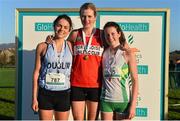 23 November 2014; On the podium after the Women's Under 23 race are, from left, second placed Maria O'Sullivan, Raheny Shamrock A.C., first placed Mary Mulhare, Portlaoise A.C., and third placed Rachael Smyth, St. Coca's A.C., at the GloHealth Inter County & Juvenile Even Age Cross Country Championships. Dundalk Institute of Technology, Dundalk, Co. Louth. Picture credit: Ramsey Cardy / SPORTSFILE