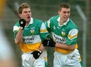 21 March 2004; Colm Quinn, left, of Offaly celebrates after scoring his side's winning goal with team-mate Niall McNamee during the Allianz Football League Division 2A Round 6 match between Offaly and Roscommon at O'Connor Park in Tullamore, Offaly. Photo by David Maher/Sportsfile
