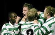 26 March 2004; Jason McGuinness,  second from left, of Shamrock Rovers celebrates after scoring his side's second goal with team-mates, from left, Mark Rutherford, Stephen Gough and Trevor Molloy during the Eircom League Premier Division match between Shamrock Rovers and Cork City at Richmond Park in Dublin. Photo by David Maher/Sportsfile