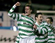 26 March 2004; Jason McGuinness, left, of Shamrock Rovers celebrates with team-mate Liam Kelly after scoring his side's second goal during the Eircom League Premier Division match between Shamrock Rovers and Cork City at Richmond Park in Dublin. Photo by David Maher/Sportsfile