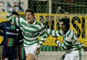 26 March 2004; Jason McGuinness, left, of Shamrock Rovers celebrates after scoring his side's second goal with team-mates Liam Kelly and Mark Rutherford, right, during the Eircom League Premier Division match between Shamrock Rovers and Cork City at Richmond Park in Dublin. Photo by David Maher/Sportsfile