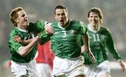 31 March 2004; Ian Harte of Republic of Ireland, centre, celebrates after scoring his side's first goal with team-mates Alan Maybury, left, and Kevin Kilbane during an International Friendly between Republic of Ireland and Czech Republic at Lansdowne Road in Dublin. Photo by Damien Eagers/Sportsfile