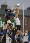 2 April 2004; Aidan Kearney of Leinster Lions takes the ball in the lineout from Andrew Hill of Glasgow Rugby during the Celtic League Division 1 match between Leinster Lions and Glasgow Rugby at Donnybrook Stadium in Dublin. Photo by Matt Browne/Sportsfile