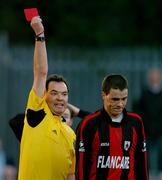 6 April 2004; Referee Jim O'Neill shows a red card to Graham Gartland of Longford Town during the Eircom League Premier Division match between Shamrock Rovers and Longford Town at Richmond Park in Dublin. Photo by David Maher/Sportsfile