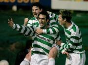 6 April 2004; Terry Palmer of Shamrock Rovers celebrates with team-mates Liam Kelly, left, and Jason McGuinness, right, after scoring his side's first goal during the Eircom League Premier Division match between Shamrock Rovers and Longford Town at Richmond Park in Dublin. Photo by David Maher/Sportsfile