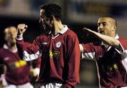 9 April 2004; Ollie Cahill of Shelbourne celebrates after scoring his side's first goal with team-mate Dave Rodgers, right, during the Eircom League Premier Division match between Shelbourne and Dublin City at Tolka Park in Dublin. Photo by David Maher/Sportsfile