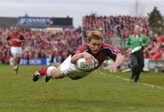 10 April 2004; Shaun Payne of Munster goes over to score his side's first try during the Heineken Cup Quarter-Final match between Munster and Stade Francais at Thomond Park in Limerick. Photo by Ray McManus/Sportsfile