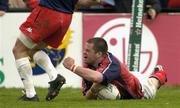 10 April 2004; Marcus Horan of Munster celebrates after scoring his side's fourth try during the Heineken Cup Quarter-Final match between Munster and Stade Francais at Thomond Park in Limerick. Photo by Brendan Moran/Sportsfile