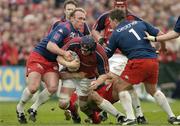 10 April 2004; Paul O'Connell of Munster in action against Brian Liebenberg, left, and Sylvain Marconnet of Stade Francais during the Heineken Cup Quarter-Final match between Munster and Stade Francais at Thomond Park in Limerick. Photo by Brendan Moran/Sportsfile