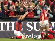 10 April 2004; Shaun Payne of Munster celebrates with team-mate Rob Henderson ,12, after scoring his side's first try during the Heineken Cup Quarter-Final match between Munster and Stade Francais at Thomond Park in Limerick. Photo by Brendan Moran/Sportsfile