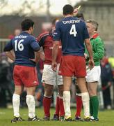 10 April 2004; Frank Sheahan of Munster, hidden, and Mathieu Blin, 16, of Stade Francais are shown the yellow card by referee Nigel WIlliams during the Heineken Cup Quarter-Final match between Munster and Stade Francais at Thomond Park in Limerick. Photo by Brendan Moran/Sportsfile
