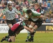 11 April 2004; Mike McCarthy of Connacht is tackled by Ceri Jones, left, and Simon Miall of NEC Harlequins during the Parker Pen Challenge Cup Semi-Final between NEC Harlequins and Connacht at Twickenham Stoop Stadium in London, England. Photo by Pat Murphy/Sportsfile