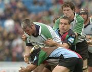 11 April 2004; Peter Bracken of Connacht is tackled by Tony Diprose, right, and Tani Fuga of NEC Harlequins during the Parker Pen Challenge Cup Semi-Final between NEC Harlequins and Connacht at Twickenham Stoop Stadium in London, England. Photo by Pat Murphy/Sportsfile