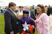 15 July 2007; Owner Ken Lynch, left, and Sheena Collins congratulate Jockey Pat Shanahan after winning the Emirates Airline Minstrel Stakes on Redstone Dancer. Curragh Racecourse, Co. Kildare. Picture credit: Ray Lohan / SPORTSFILE
