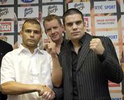 16 July 2007; European Super Bantamweight challenger Kiko Martinez, left, Brian Peters, Boxing promoter, and European Super Bantamweight Champion Bernard Dunne at the announcement of details of the next European Superbantamweight title fight. Hunky Dorys Fight Night Press Conference, Burlington Hotel, Dublin. Picture credit: Stephen McCarthy / SPORTSFILE