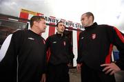 17 July 2007; Derry City manager John Robertson, left, with player's Mark Farren and Sean Hargan, right, after a press conference in advance of their Champions League fixture against FC Pyunik of Armenia. Brandywell Stadium, Derry. Picture credit: Oliver McVeigh / SPORTSFILE