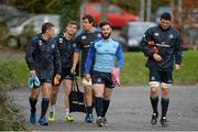 25 November 2014; Leinster players, from left, Jimmy Gopperth, Brendan Macken, Mike McCarthy, Mick McGrath and Ben Marshall arrive for squad training ahead of their Guinness PRO12, Round 9, game against Ospreys on Saturday. Leinster Rugby Squad Training, Rosemount, UCD, Dublin. Picture credit: Brendan Moran / SPORTSFILE