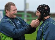 25 November 2014; Connacht's John Muldoon has his beard inspected by team-mate Michael Swift before squad training ahead of their Guinness PRO12, Round 9, game against Scarlets on Saturday. Connacht Rugby Squad Training, The Sportsground, Galway. Picture credit: Diarmuid Greene / SPORTSFILE