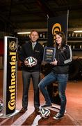 26 November 2014; Carol Breen, Wexford Youths, who received the Continental Tyres Player of the Month award for October with John Morgan, Business Development Manager, Continental Tyre Group. Top Tyres, Ardcavan, Co. Wexford. Picture credit: David Maher / SPORTSFILE