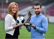 26 November 2014; Christy Fagan, St. Patricks Athletic, who was presented with the SSE Airtricity / SWAI Player of the Month Award for November 2014 by Leanne Sheill, from SSE Airtricity. Richmond Park, Inchicore, Dublin. Picture credit: Matt Browne / SPORTSFILE