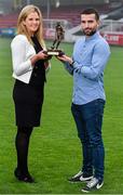 26 November 2014; Christy Fagan, St. Patricks Athletic, who was presented with the SSE Airtricity / SWAI Player of the Month Award for November 2014 by Leanne Sheill, from SSE Airtricity. Richmond Park, Inchicore, Dublin. Picture credit: Matt Browne / SPORTSFILE