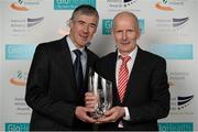 26 November 2014; Brian Lynch, winner of the Master Athlete of the Year award, right, with George Maybury,  during the National Athletics Awards. Crowne Plaza Hotel, Santry, Co. Dublin. Picture credit: Barry Cregg / SPORTSFILE