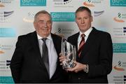 26 November 2014; Michael Cornyn, right, Chairman of Dunboyne AC, holds the Development Club of the Year award alongside former chairman Noel Leonard during the National Athletics Awards. Crowne Plaza Hotel, Santry, Co. Dublin. Picture credit: Barry Cregg / SPORTSFILE
