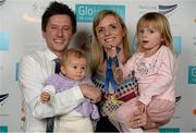26 November 2014; Roisin McGettigan, with her husband Myles Dumas and daughters Ava, aged 7 Months, and Hope, aged 3, and her European Indoors 1500m Bronze medal which she won in Turin in 2009, during the National Athletics Awards. Crowne Plaza Hotel, Santry, Co. Dublin. Picture credit: Barry Cregg / SPORTSFILE
