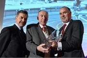 26 November 2014; Frank Murphy receives the Hall of Fame award from Jim Dowdall, left, CEO of GloHealth, and Ciaran O'Cathain, President of Athletics Ireland, at the National Athletics Awards. Crowne Plaza Hotel, Santry, Co. Dublin. Picture credit: Barry Cregg / SPORTSFILE