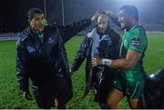 21 November 2014; Connacht's Mils Muliaina, left, and Bundee Aki speak with Zebre's Brendon Leonard after the game. Guinness PRO12, Round 8, Connacht v Zebre. The Sportsground, Galway. Picture credit: Ramsey Cardy / SPORTSFILE