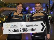 27 November 2014; Kerry's David Moran, left, and Mayo's Seamus O'Shea at Dublin Airport ahead of their trip to Boston for the GAA / GPA Opel All Star Tour 2014. Opel Ireland is the official car partner of the GAA and GPA. For more information check out www.opel.ie #OpelAllStarTour. Dublin Airport, Dublin. Picture credit: Pat Murphy / SPORTSFILE