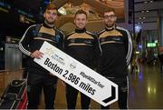 27 November 2014; Mayo's Aidan O'Shea, left, Robbie Hennell, centre, and Seamus O'Shea at Dublin Airport ahead of their trip to Boston for the GAA / GPA Opel All Star Tour 2014. Opel Ireland is the official car partner of the GAA and GPA. For more information check out www.opel.ie #OpelAllStarTour. Dublin Airport, Dublin. Picture credit: Pat Murphy / SPORTSFILE