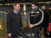27 November 2014; Dublin manager Jim Gavin with Dublin's Bernard Brogan at Dublin Airport ahead of their trip to Boston for the GAA / GPA Opel All Star Tour 2014. Opel Ireland is the official car partner of the GAA and GPA. For more information check out www.opel.ie #OpelAllStarTour. Dublin Airport, Dublin. Picture credit: Pat Murphy / SPORTSFILE