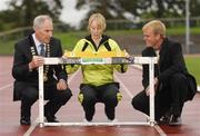 18 July 2007; Michael Heery, left, President of Athletics Ireland, and Peter Dolan, Marketing Manager for Woodie’s DIY with World 100m hurdles silver medallist Derval O'Rourke at the launch of Woodies DIY National Senior Athletics Championships which take place this weekend. Morton Stadium, Santry, Dublin. Picture credit: Brendan Moran / SPORTSFILE