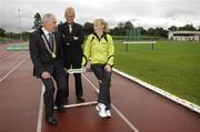 18 July 2007; Michael Heery, left, President of Athletics Ireland, and Peter Dolan, Marketing Manager for Woodie’s DIY with World 100m hurdles silver medallist Derval O'Rourke at the launch of Woodies DIY National Senior Athletics Championships which take place this weekend. Morton Stadium, Santry, Dublin. Picture credit: Brendan Moran / SPORTSFILE
