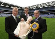 18 July 2007; The GAA and Vhi Healthcare announced details of a nationwide initiative to help GAA clubs tackle the phenomenon of Sudden Arrhythmia Death Syndrome. At the launch are Nickey Brennan, GAA President, Declan Moran, left, Director, Marketing & Business Development, Vhi Healthcare and Dr Tadhg Crowley, centre, GAA Medical Welfare Committee. Croke Park, Dublin. Picture credit: Ray McManus / SPORTSFILE