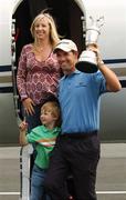 23 July 2007; The Open Championship winner Padraig Harrington with his wife Caroline, son Paddy, and the Golf Champion Trophy (Claret Jug) on his arrival home at Weston airport, Leixlip, Co. Kildare. Picture credit: Caroline Quinn / SPORTSFILE